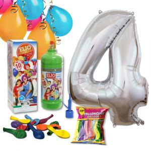 Kit elio più numero 4 mylar argento da 101cm e 10 palloncini omaggio, compleanno 4 anni.