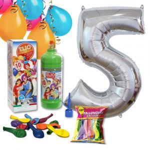 Kit elio più numero 5 mylar argento da 101cm e 10 palloncini omaggio, compleanno 5 anni.