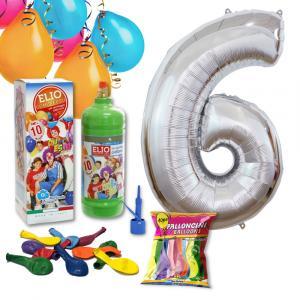 Kit elio più numero 6 mylar argento da 101cm e 10 palloncini omaggio, compleanno 6 anni.