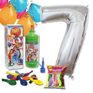 Kit elio più numero 7 mylar argento da 101cm e 10 palloncini omaggio, compleanno 7 anni.