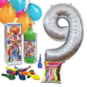 Kit elio più numero 9 mylar argento da 101cm e 10 palloncini omaggio, compleanno 9 anni.