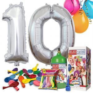 Kit elio più numero 10 in mylar color argento da 101cm e 18 palloncini omaggio, 10 anni.