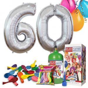 Kit elio più numero 60 in mylar color argento da 101cm e 18 palloncini omaggio, compleanno 60 anni.