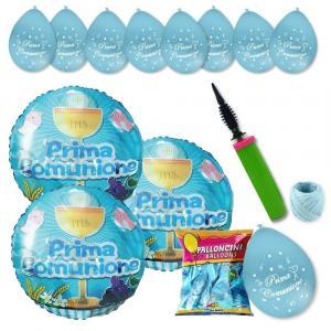 Kit di palloncini prima comunione bambino con pompa e nastrino incluso.