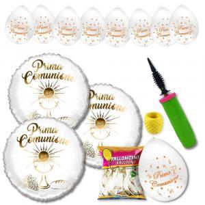 Kit di palloncini prima comunione bianco per bambino o bambina con pompa e nastrino incluso.