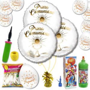 Kit palloncini prima comunione bambino e bambina con nastrino, elio, pesetto e pompa inclusi.