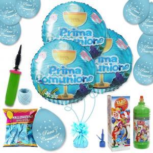 Kit palloncini prima comunione bambino celeste con nastrino, elio, pesetto e pompa inclusi.