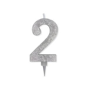 Candela numero 2 argento glitter max cera sweety 15cm, 1pz.