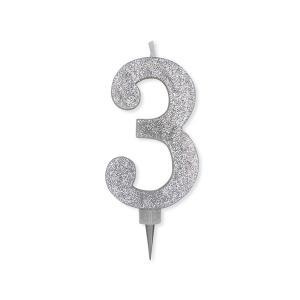 Candela numero 3 argento glitter max cera sweety 15cm, 1pz.